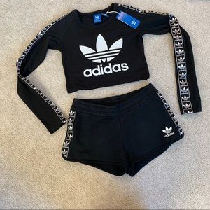 Adidas black logo crop top & shorts two piece set